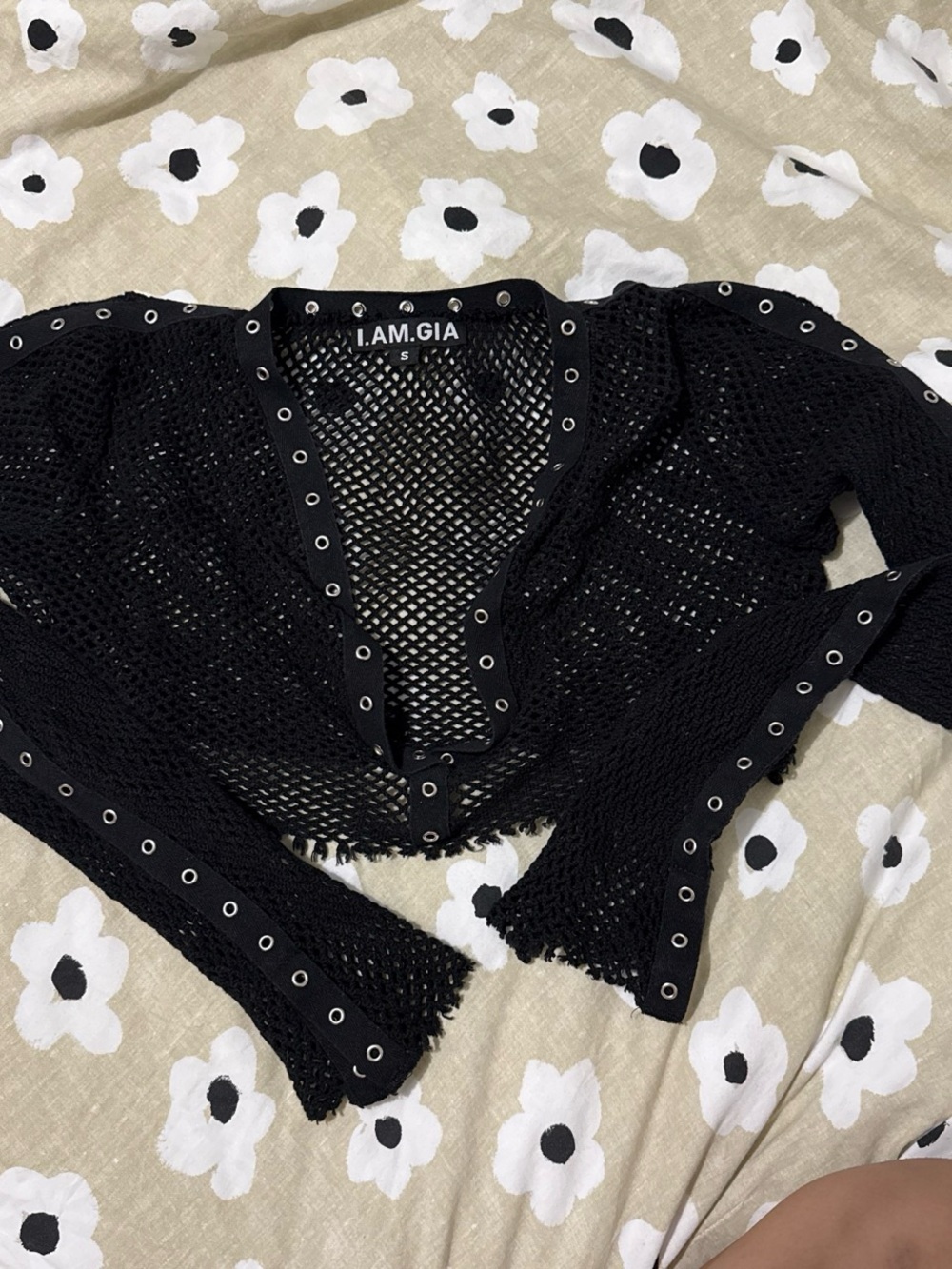 I.AM.GIA Black Eyelet Open-Knit Cropped Cardigan